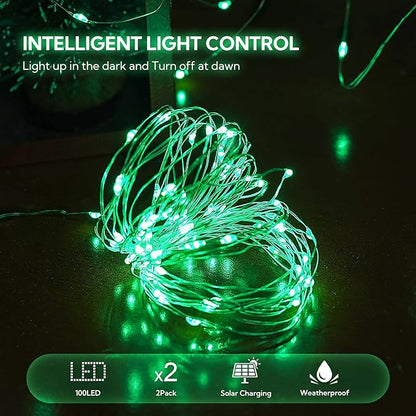 Woohaha 2 Pack 100 LED Solar Green String Lights, 33ft Waterproof Green Solar Fairy Lights for Christmas Tree Party Wedding Halloween St. Patrick's Day Decor