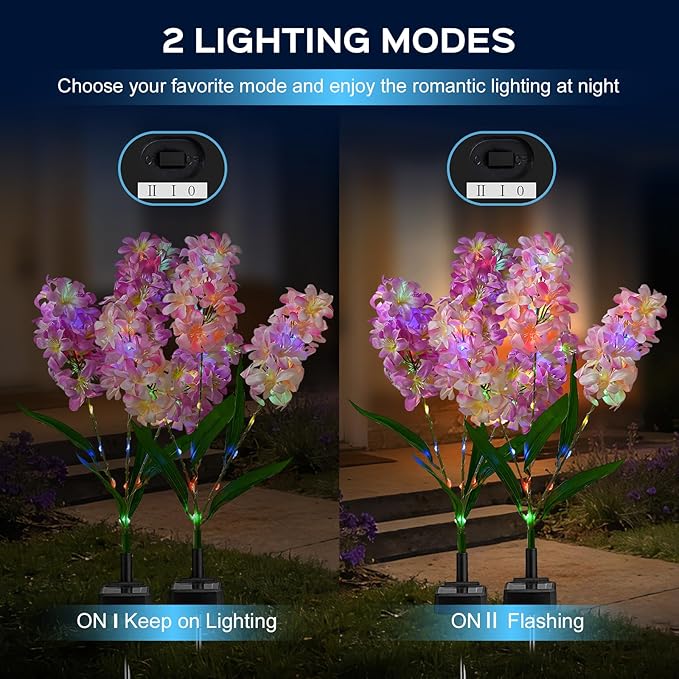 4 Pack Solar Garden Lights Outdoor, Colorful LED Waterproof Solar Powered Hyacinth Flowers Landscape Lights for Outside Yard, Patio, Pathway Decorative, Décor, Gifts, Two Lighting Modes