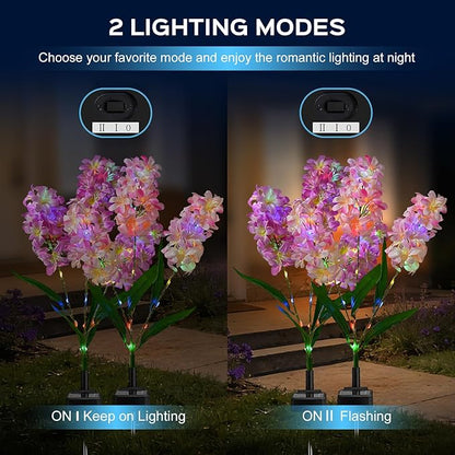 4 Pack Solar Garden Lights Outdoor, Colorful LED Waterproof Solar Powered Hyacinth Flowers Landscape Lights for Outside Yard, Patio, Pathway Decorative, Décor, Gifts, Two Lighting Modes