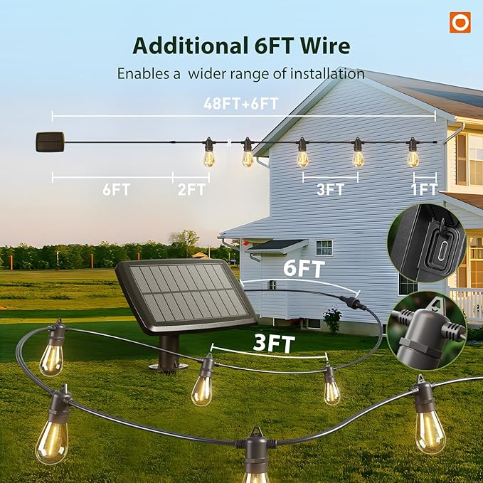 addlon 54FT(48+6) Solar String Lights Outdoor Waterproof with USB Charging & Remote Control - Dimmable Solar Power Patio Lights with LED Bulbs for Porch, Garden, Yard, Market, Bistro - Last for 20+Hrs