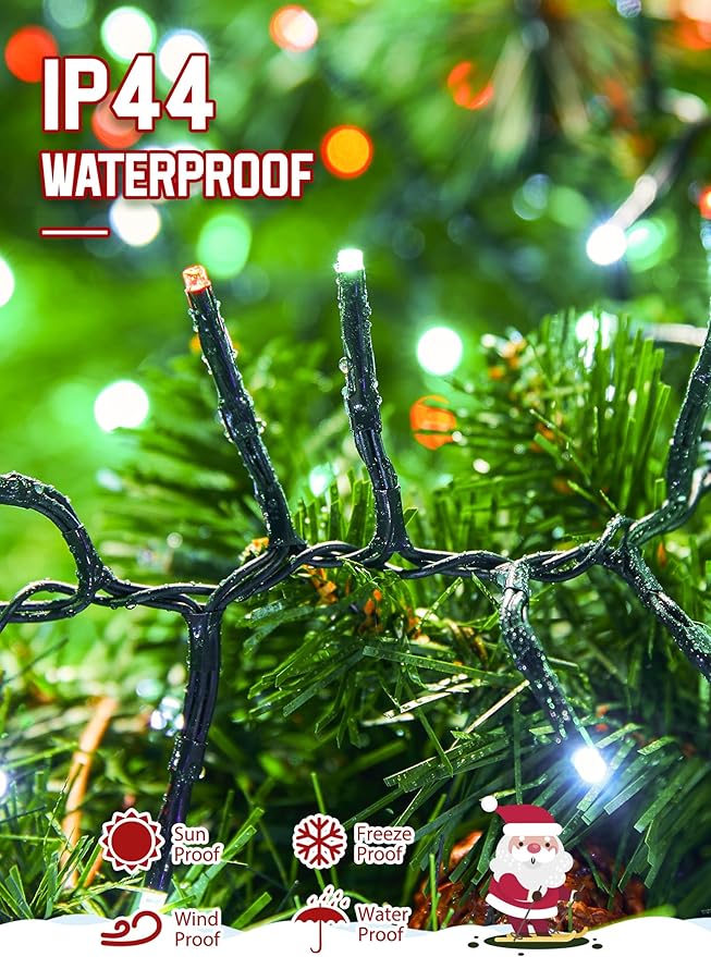 Minetom 50 Ft 1000 LED Cluster Lights Christmas Tree Lights Outdoor Christmas Firecrackers String Light, 12 Modes Timer Remote Waterproof Plug in Twinkle Light for Xmas Tree Party, Red Green ＆ White