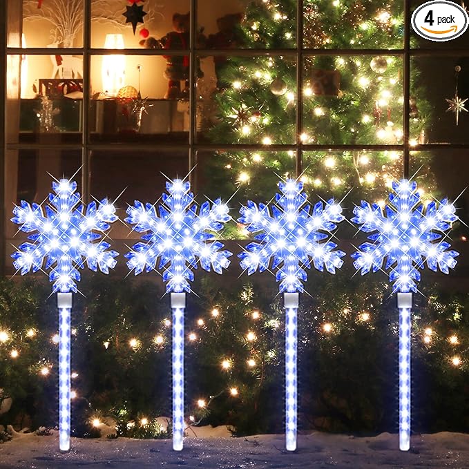 LAMPHOME Shooting 17" 568LED Snowflake Lawn Stake Light Super-Bright White and Blue 4 Stakes Total Christmas Outdoor Decoration with UL Standard Adaptor for Outdoor Pathway Lawn Holiday Party Home