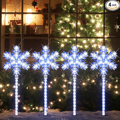 LAMPHOME Shooting 17" 568LED Snowflake Lawn Stake Light Super-Bright White and Blue 4 Stakes Total Christmas Outdoor Decoration with UL Standard Adaptor for Outdoor Pathway Lawn Holiday Party Home