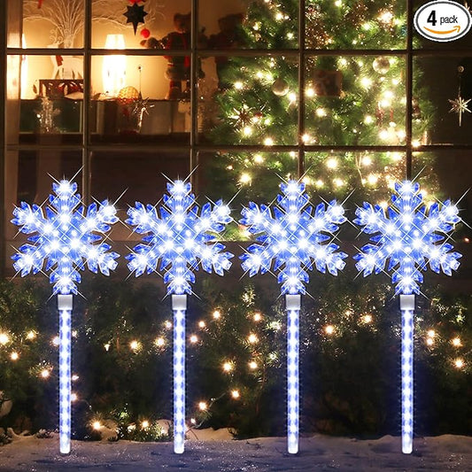 LAMPHOME Shooting 17" 568LED Snowflake Lawn Stake Light Super-Bright White and Blue 4 Stakes Total Christmas Outdoor Decoration with UL Standard Adaptor for Outdoor Pathway Lawn Holiday Party Home