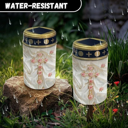 Cross Flower Solar Landscape Lights Outdoor Soft White Solar Cemetery Lights for Grave Solar Cemetery Lamp Blessed Candles for Home Memorial Decoration,Yard Path Stake Lights
