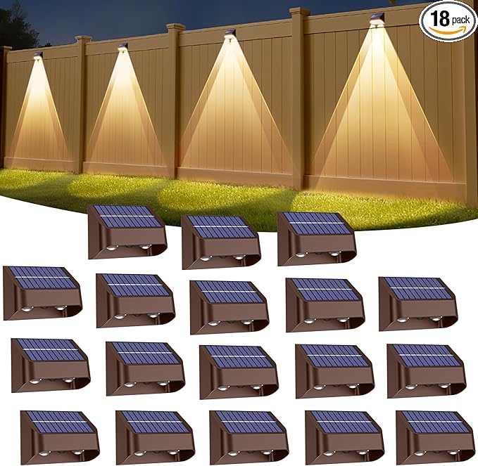 Super Long Lasting Solar Fence Lights Outdoor,Deck Lights Waterproof,Perfect for Winter and Rainy Days,Dusk to Dawn High Brightness Solar Lighting for Wall,Stair,Yard,Patio,Backyard(18 Pack,Brown)