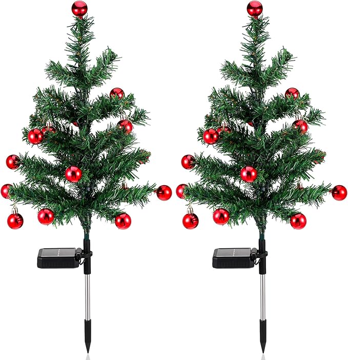 Baquler 2 Pcs Solar Christmas Tree Garden Stake Lights Outdoor Christmas Tree Yard Decorations Multicolor Solar Stakes for Pathway Lawn Patio Xmas Ornament(Bell Style)