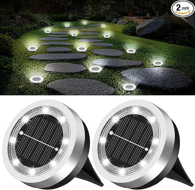 Mini Solar Ground Lights 2 Pack Outdoor IP65 Waterproof Solar Flat Garden Light Solor Powered Disc Pathway Lights | Lumora