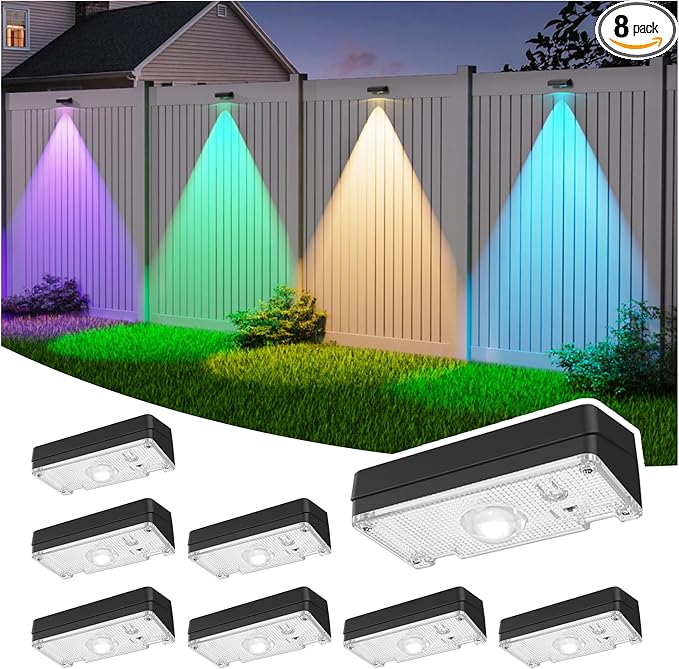 Solar Fence Lights,Fence Lights Solar Powered Waterproof IP65 Multicolor Led 12 Fixed Colors ＆RGB Color Changing for Pool, Deck, Patio, Porch, Stairs, Holiday-8pack