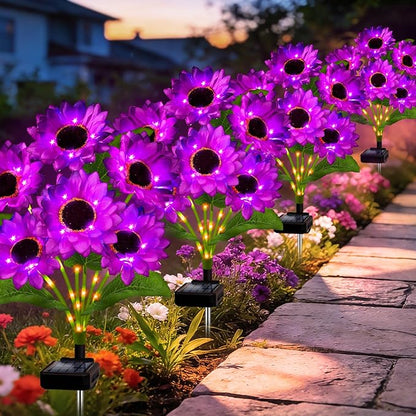 Solar Garden Lights Outdoor, 4 Pack Solar Purple Sunflower Lights with 18 Head 3.4 Inch Flowers, Waterproof Flowers Light Fall Decor Auto ON/Off for Garden Yard Patio Backyard, Gifts for Mom Women