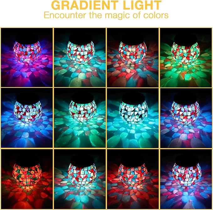Cooo 4 Pack Valentines Day Gifts for Him Her Landscape Lighting Path Lights Heavy Solar Mosaic Lantern with RGB Color-Changing Light – Dual Solar Panels, Red Amber Glass Tiles, Waterproof Outdoor