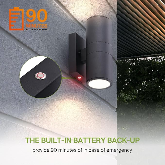 ASD 2 Light LED Indoor & Outdoor Wall Light Fixture with Emergency Battery Backup | 18W 1676LM 3000K-5000K 120-277V Cylinder Up Down Lights | Exterior Wall Sconce Porch & Patio | Black, ETL