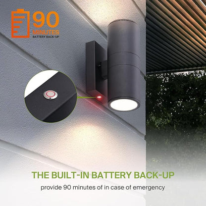 ASD 2 Light LED Indoor & Outdoor Wall Light Fixture with Emergency Battery Backup | 18W 1676LM 3000K-5000K 120-277V Cylinder Up Down Lights | Exterior Wall Sconce Porch & Patio | Black, ETL