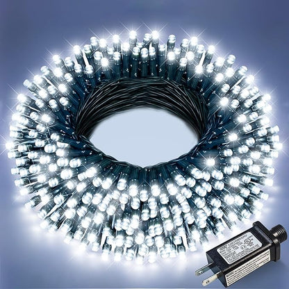 Christmas Lights Outdoor, 66FT 200 LED White Christmas Tree Lights with 8 Modes Waterproof, Plug in Green Wire Connectable String Light for Indoor House Patio Wedding Party Decorations