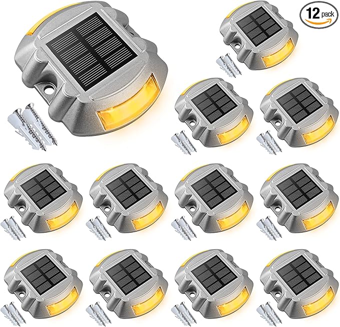 VOLISUN Solar Deck Lights Driveway Dock Light, 12-Pack Led IP68 Waterproof Outdoor Warning Step Lights for Driveway Sidewalk Garden Pathway Yard(Warm White, Auto On/Off