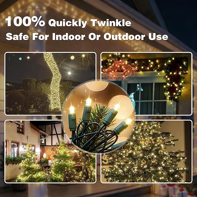 LAMPHOME 50Count String Lights, LED Christmas Lights, 6" SPACING,100% Quickly Twinkle,Green Wire,Warm White,Commercial Grade