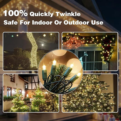LAMPHOME 50Count String Lights, LED Christmas Lights, 6" SPACING,100% Quickly Twinkle,Green Wire,Warm White,Commercial Grade