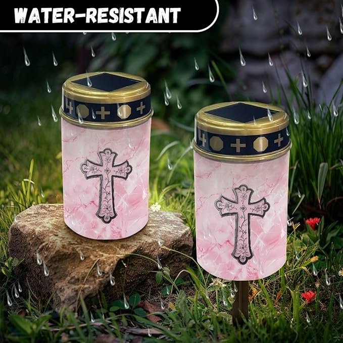 Cross Print Solar Light Outdoor Landscape Path Lights Decorative Solar Light for Yard Path Walkay Waterproof Solar Garden Light for Women Pink