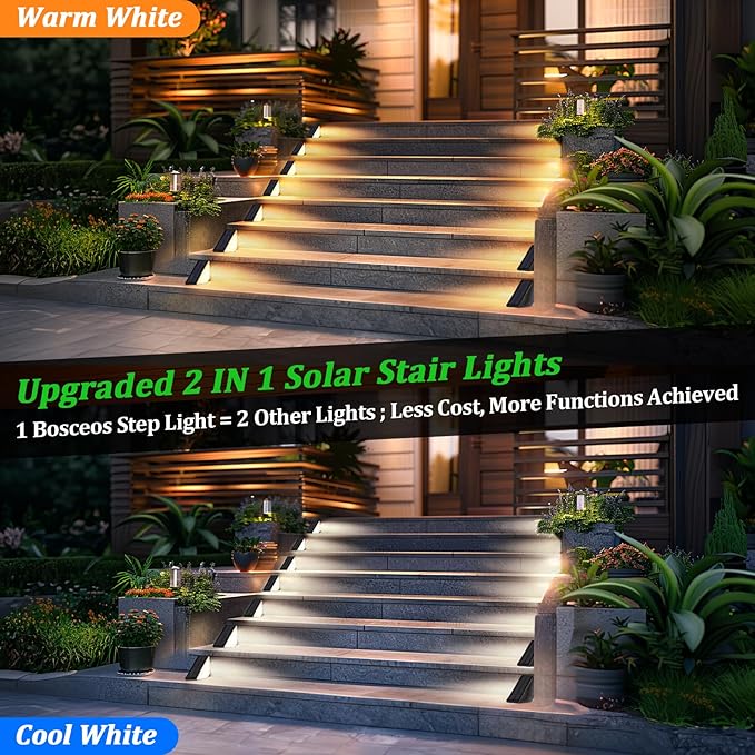 Bosceos 24 Packs LED Solar Step Lights Outdoor Stair Lights Waterproof IP67, Solar Deck Light with Dual Color Options (Warm & Cool White), Outdoor Light Decor for Yard Garden Patio Porch Walkways