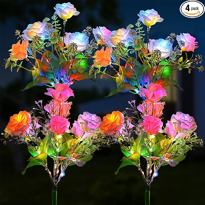 4 Pack Solar Garden Lights Outdoor, Colorful LED Waterproof Solar Powered Rose Flowers Landscape Lights for Outside Yard, Patio, Pathway Decorative, Décor, Gifts, Two Lighting Modes