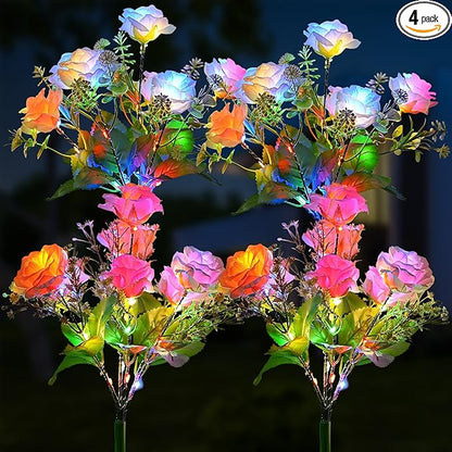 4 Pack Solar Garden Lights Outdoor, Colorful LED Waterproof Solar Powered Rose Flowers Landscape Lights for Outside Yard, Patio, Pathway Decorative, Décor, Gifts, Two Lighting Modes
