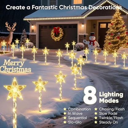 Solar Lights Outdoor Christmas Decorations: 8 Pack 64 Warm White LED Star Pathway Lights - 2025 Upgrade Outside Solar Christmas Decorations with 8 Modes for Yard Garden Porch Lawn Decor