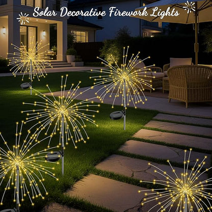 Solar Firework Lights Outdoor, 2 Pack 200 LED Fairy Lights with 8 Modes, Warm White Solar Garden Lights for Yard Pathway Lawn Patio Landscape Decor, Waterproof Fireworks for Outside