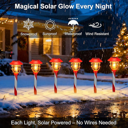 6 Pack Solar Pathway Lights Outdoor Christmas Decorations, Waterproof Candy Cane Christmas Pathway Lights for Yard, Walkway, Driveway, Garden Decor, Solar Powered Outdoor Lights for Xmas Gifts