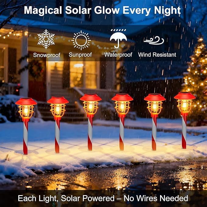 6 Pack Christmas Solar Pathway Lights Outdoor Decorations,Garden Solar Stake Landscape Lights Candy Cane Christmas | Lumora