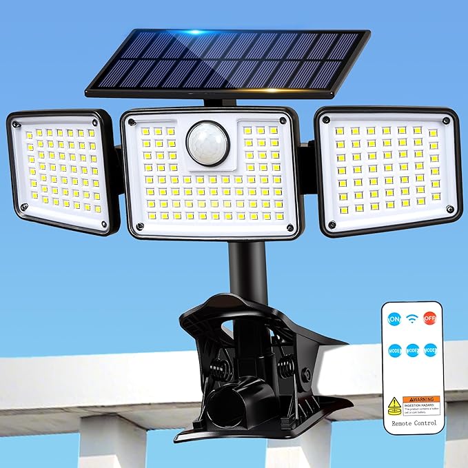 1500LM Clip On Solar Lights Outdoor, Motion Sensor Outdoor Lights with 270° Wide Angle & Remote Contral, 3 Heads | Lumora