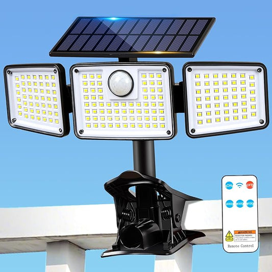 1500LM Clip On Solar Lights Outdoor, Motion Sensor Outdoor Lights with 270° Wide Angle & Remote Contral, 3 Heads IP65 Waterproof Solar Powered Flood Light for Fence, Patio, Backyard, Garden 1 Pack