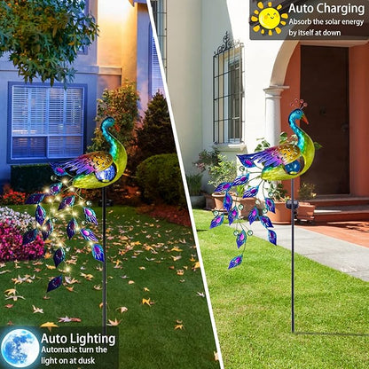 DREAMSOUL Solar Garden Lights Outdoor, Metal Peacock Decor Solar Lights Garden Stakes with Led String Lights, Waterproof Crackle Glass Ball Landscape Path Light for Lawn Patio