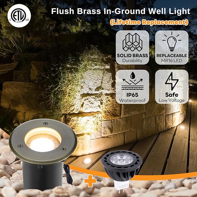 Gardenreet Landscape Low Voltage Well Light - Brass Electric LED 12V in-Grade Lighting, Replaceable Bulb Wired | Lumora