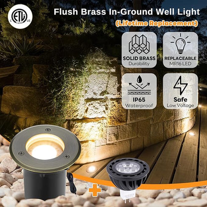 Gardenreet 12V Well Light - Brass Ip65 Waterproof Low Voltage Electric In-Ground LED Landscape Lighting, Fixture, Antique Bronze for Walkway Garden Patio Without MR16 Bulb