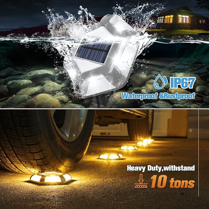 VOLISUN Solar Dock Lights - 16-Pack Waterproof Outdoor LED Aluminum Warning Step Lights for Driveway (Warm White & White, 2 Colors in 1), Auto On/Off