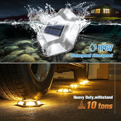 VOLISUN Solar Dock Lights - 16-Pack Waterproof Outdoor LED Aluminum Warning Step Lights for Driveway (Warm White & White, 2 Colors in 1), Auto On/Off