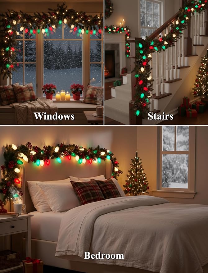 25Ft Red White and Green Christmas Lights,C9 Outdoor Christmas Lights with 26 Incandescent Bulbs(1 Spare),Extendable C9 String Lights Green Wire for Tree Xmas Roofline