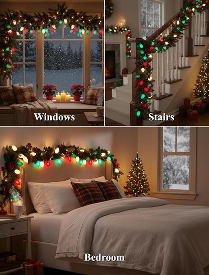 25Ft Red White and Green Christmas Lights,C9 Outdoor Christmas Lights with 26 Incandescent Bulbs(1 Spare),Extendable C9 String Lights Green Wire for Tree Xmas Roofline