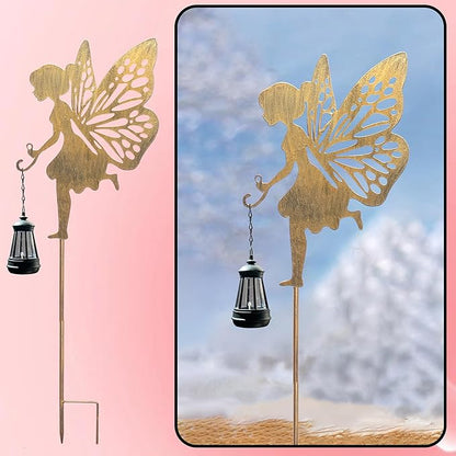 Solar Fairy Garden Decor, Metal Running Fairy Statues Stakes, Outdoor Waterproof Garden Ornament for Patio, Lawn, Yard, Housewarming Gift for Gardening Mom Grandma