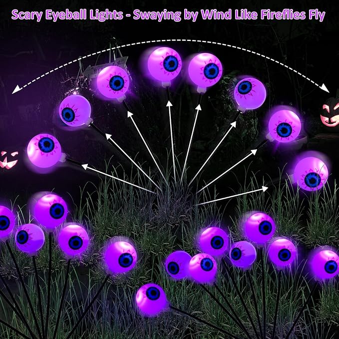 4 Pack Halloween Decorations Outdoor Lights - 32LED Solar Scary Eyeball Pathway Light Swaying by Wind, Waterproof Solar Halloween Stake Lights for Garden Porch Lawn Pathway (Purple)