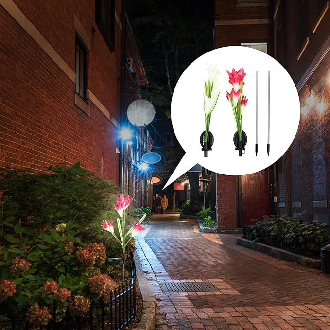 2pcs Solar Lily Flower LED Yard Lamp with Ground Plug Outdoor Solar Garden Path Light for Patio and Walkway