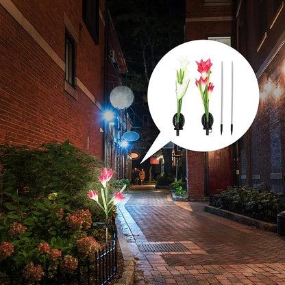 2pcs Solar Lily Flower LED Yard Lamp with Ground Plug Outdoor Solar Garden Path Light for Patio and Walkway