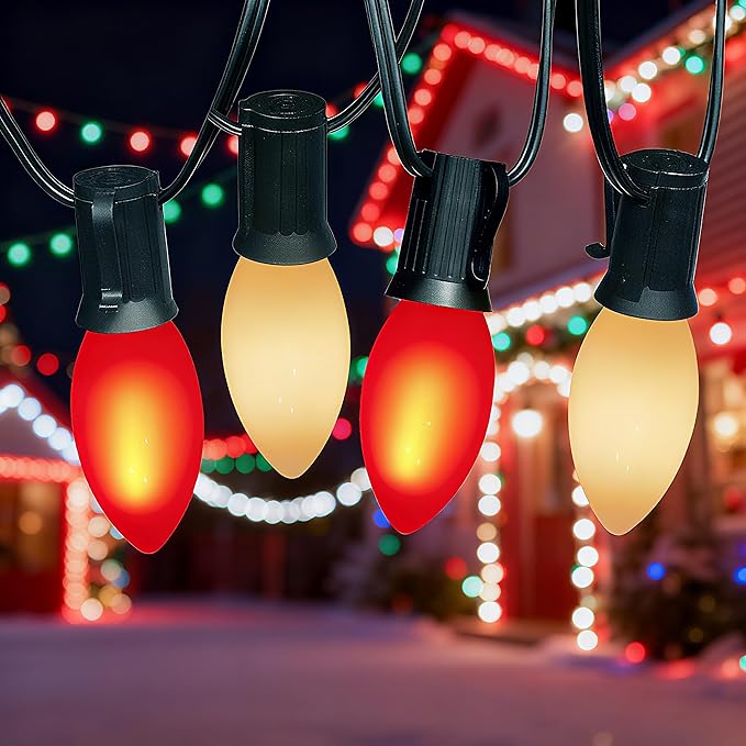 Abeja 25Ft C9 Multicolor Christmas Lights - Outdoor Vintage String Lights with 26 Red/White Ceramic LED Bulbs (1 Spare) for Holiday, Xmas, Roofline, Wedding - Green Wire