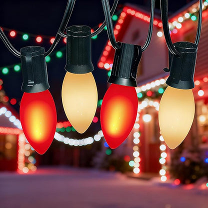 Abeja 25Ft C9 Multicolor Christmas Lights - Outdoor Vintage String Lights with 26 Red/White Ceramic LED Bulbs (1 Spare) for Holiday, Xmas, Roofline, Wedding - Green Wire