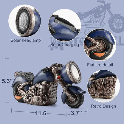 Solar Vintage Style Motorcycle Statue, Resin Rustic Retro Sculpture with LED Lights,Outdoor Art Decor for Garden Courtyard Lawn, Ideal Housewarming、Birthday Gift for Motorcycle Enthusiasts