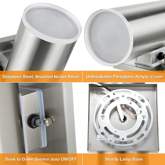 Dusk to Dawn Sensor Outdoor Porch Light, Anti-Rust Waterproof Up Down Metal Cylinder Wall Lights with Stainless Steel 304 for Courtyard Garage Entryway (13" Height, UL Listed, No Bulbs)