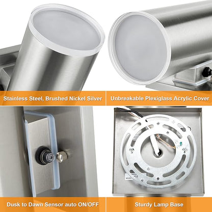 Dusk to Dawn Sensor Outdoor Porch Light, Anti-Rust Waterproof Up Down Metal Cylinder Wall Lights with Stainless Steel 304 for Courtyard Garage Entryway (13" Height, UL Listed, No Bulbs)