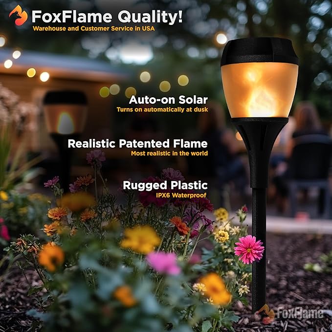FoxFlame Solar Path Lights Outdoor WaterProof-Realistic Flickering LED Flame,IP65 Pathway Lights Solar Powered Warm Light for Garden and Walkways,Ground Stake Included for Easy Setup(2 Pack)