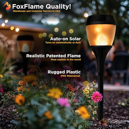 FoxFlame Solar Path Lights Outdoor WaterProof-Realistic Flickering LED Flame,IP65 Pathway Lights Solar Powered Warm Light for Garden and Walkways,Ground Stake Included for Easy Setup(2 Pack)