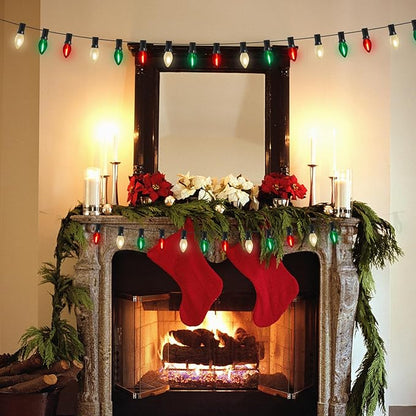 Abeja 25Ft C7 Christmas Multicolor String Lights with 27 Red Green & Frosted White Edison Bulbs, Hanging Vintage Christmas Light Outdoor Waterproof for Party Garden Wedding Bistro Roofline Decor